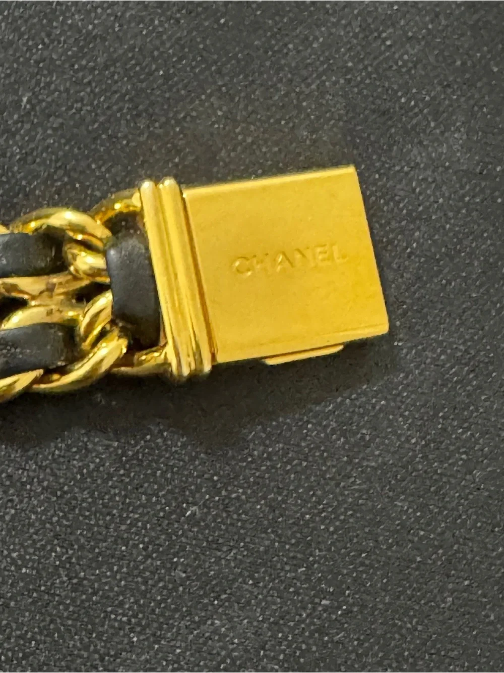 CHANEL Gold and Black Chain-Link Leather-Woven Watch